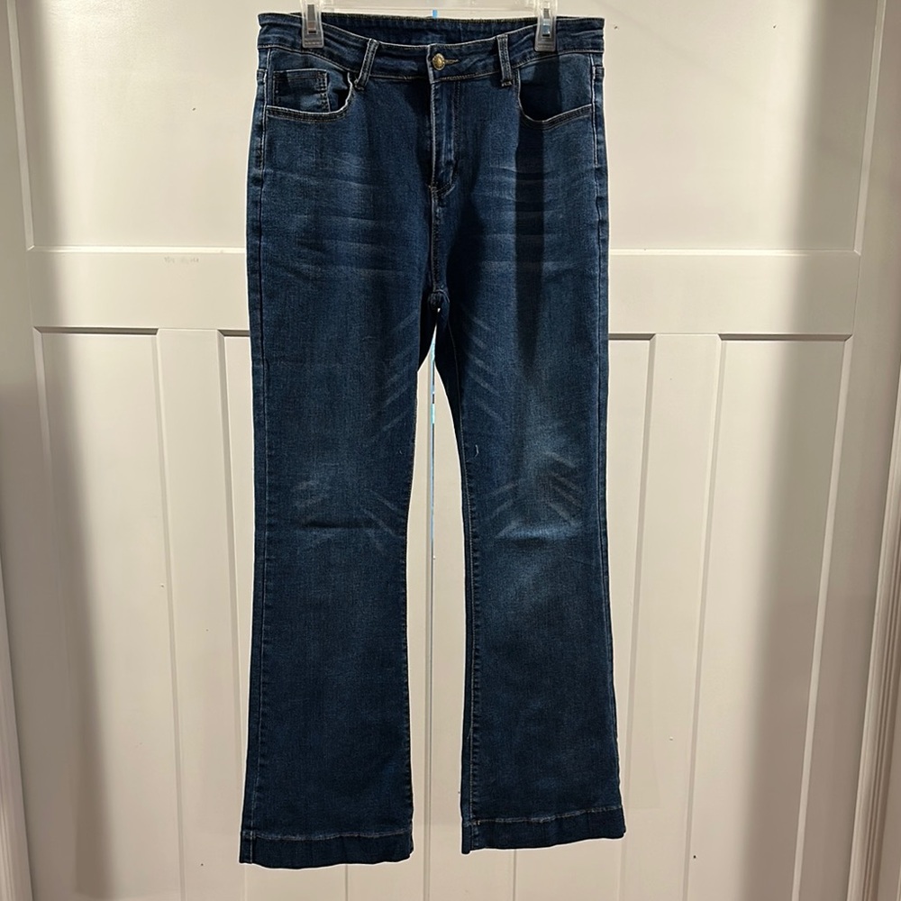 Blue Flare Wide Leg Jeans with Subtle Fading
